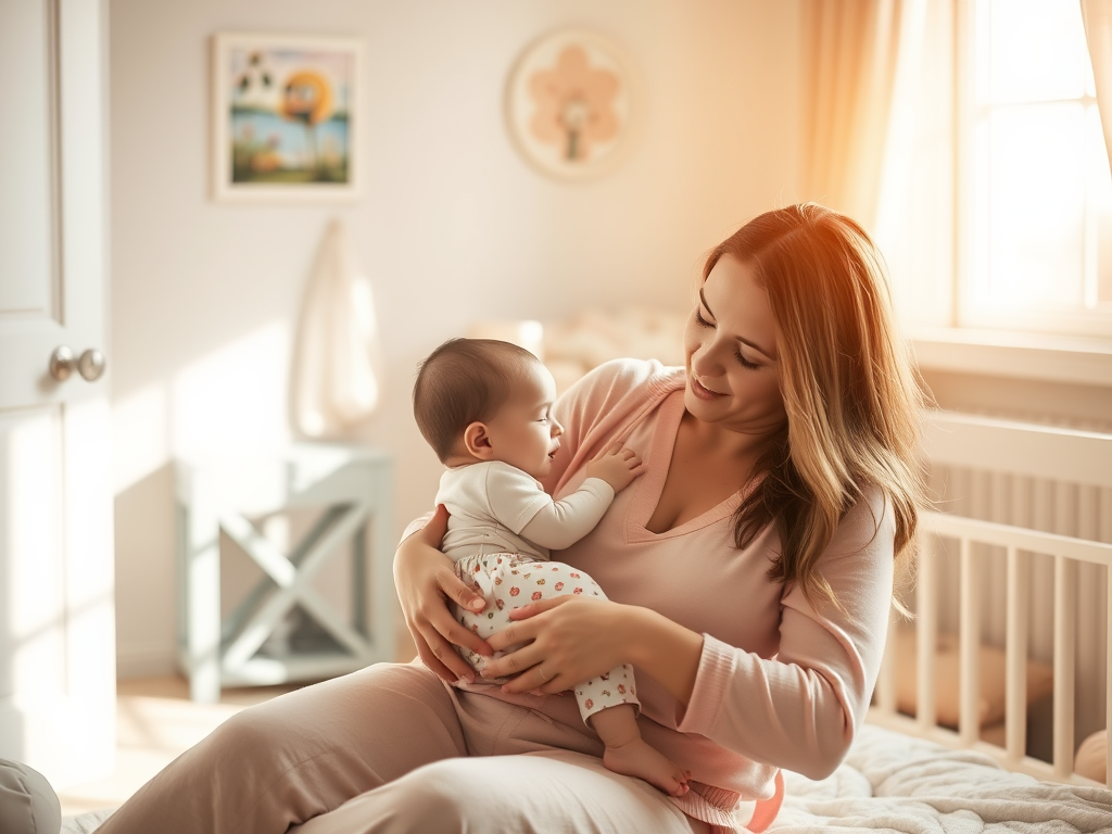 A serene mother breastfeeding her relaxed baby in a cozy, softly lit nursery with gentle pastel colors, warm sunlight filtering through a window, peaceful and loving atmosphere.