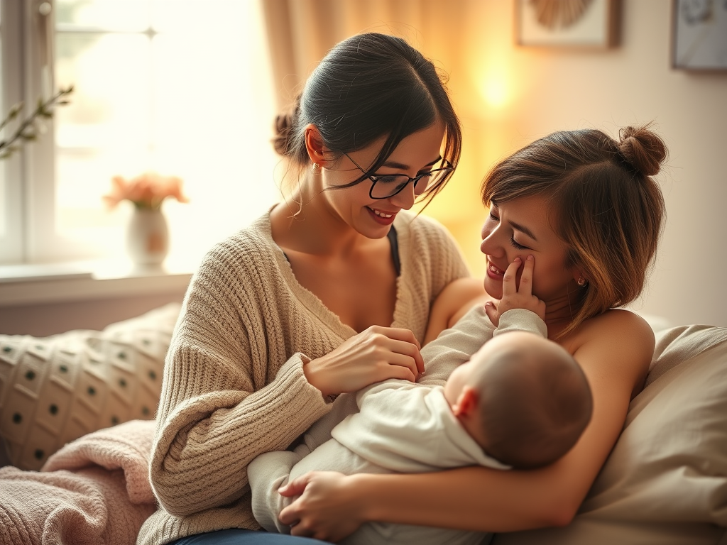 "mother breastfeeding baby" in "soft cozy room" with "gentle warm light," surrounded by "supportive nurturing environment," featuring "calm expressions" and "natural bonding moment."