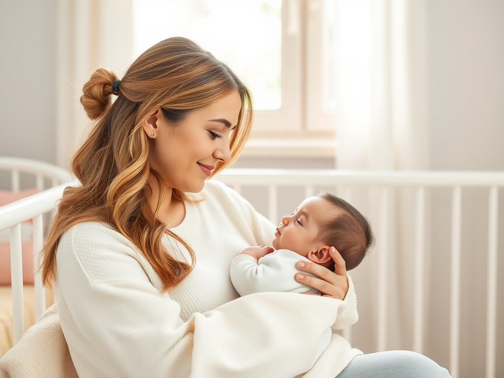A serene mother breastfeeding her calm baby in a cozy nursery, soft pastel colors, gentle natural light through window, peaceful and nurturing atmosphere.