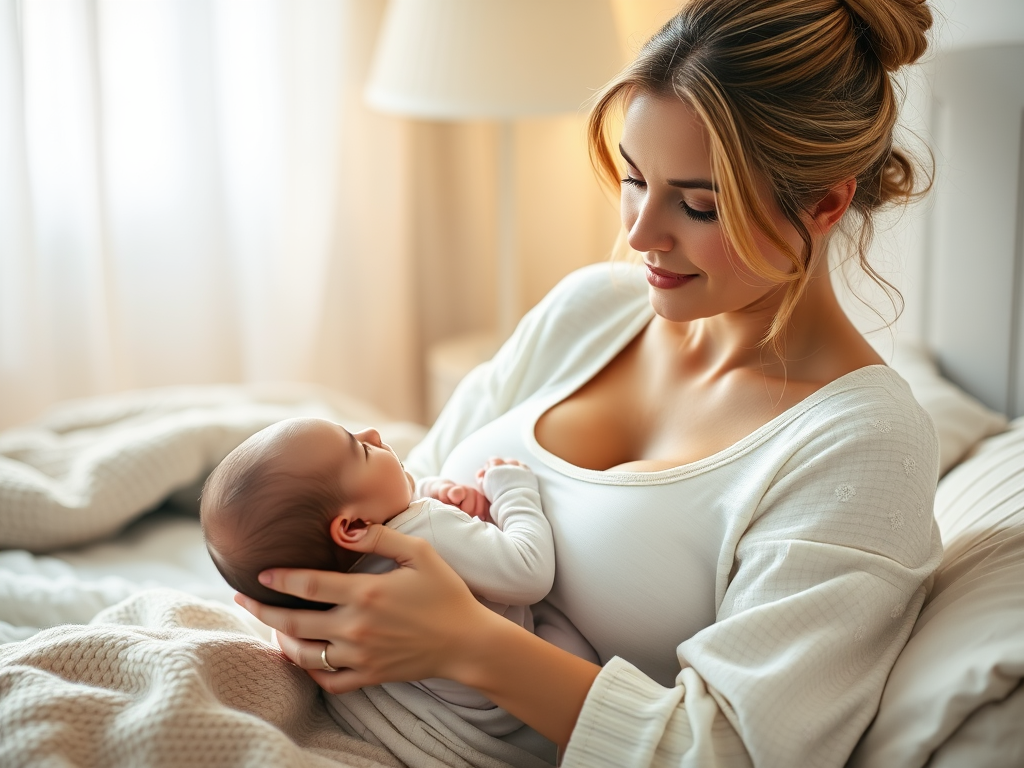 "new mother gently breastfeeding her baby" "soft, warm light" "peaceful bedroom setting with cozy blankets" "baby showing contentment and calm" "mother's serene, confident expression" "natural, nurturing atmosphere"