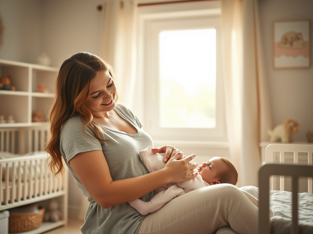 A serene mother breastfeeding her calm baby in a cozy nursery, soft pastel colors, gentle natural light through window, peaceful and nurturing atmosphere.