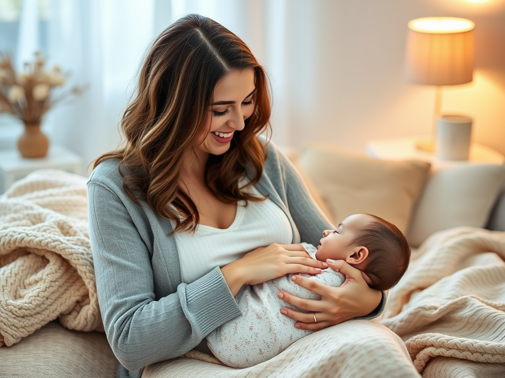 "new mother gently breastfeeding her baby" "soft, warm light" "peaceful bedroom setting with cozy blankets" "baby showing contentment and calm" "mother's serene, confident expression" "natural, nurturing atmosphere"