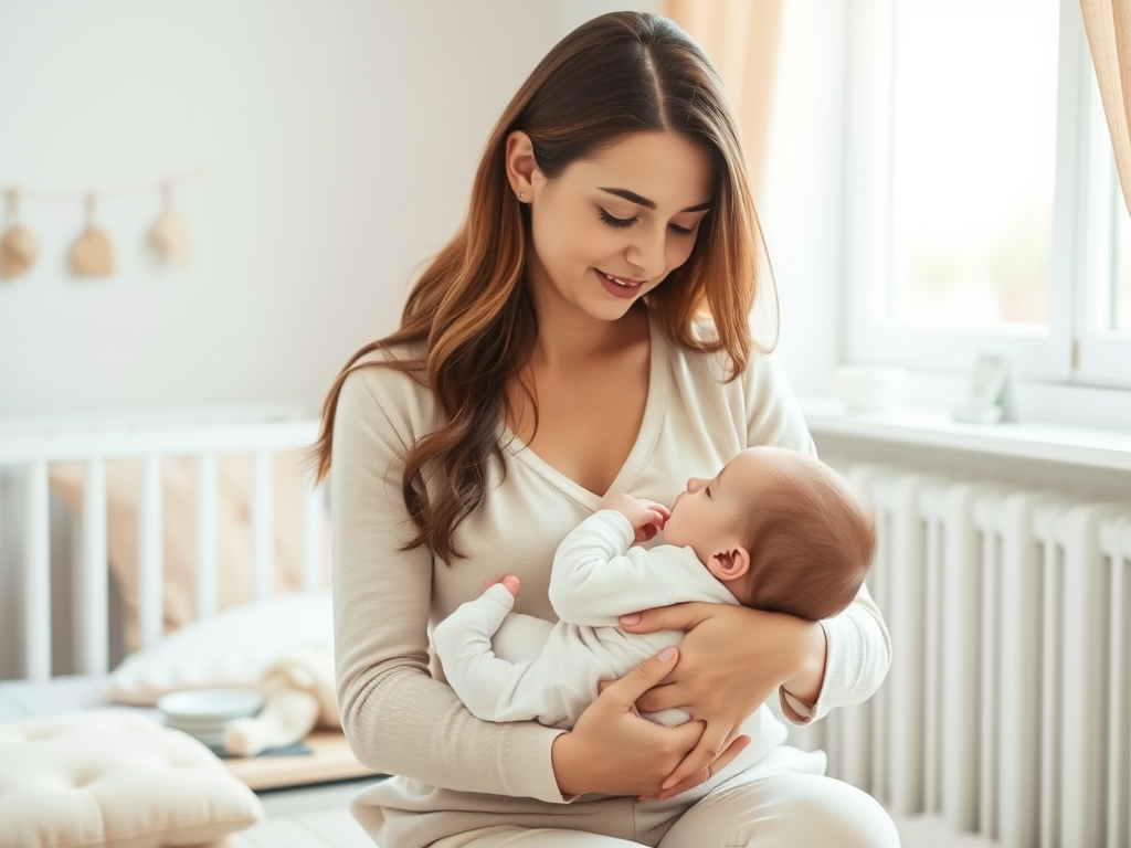 A serene mother breastfeeding her calm baby in a cozy nursery, soft pastel colors, gentle natural light through window, peaceful and nurturing atmosphere.