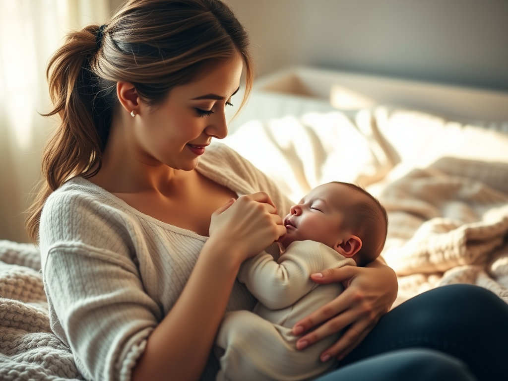 "new mother gently breastfeeding her baby" "soft, warm light" "peaceful bedroom setting with cozy blankets" "baby showing contentment and calm" "mother's serene, confident expression" "natural, nurturing atmosphere"