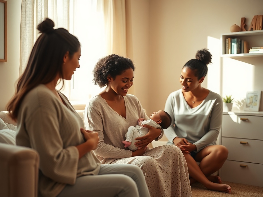 "mother breastfeeding newborn in cozy soft-lit nursery" "supportive small group of diverse mothers listening" "warm muted color palette, gentle morning light" "calm, empathetic atmosphere, subtle medical books and lactation supplies on shelf" "soft focus,