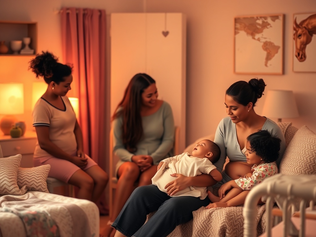 "warm cozy nursery" "mother breastfeeding in soft evening light" "supportive circle of diverse mothers nearby" "gentle lactation consultant observing" "soft pastel palette, calm intimate atmosphere"