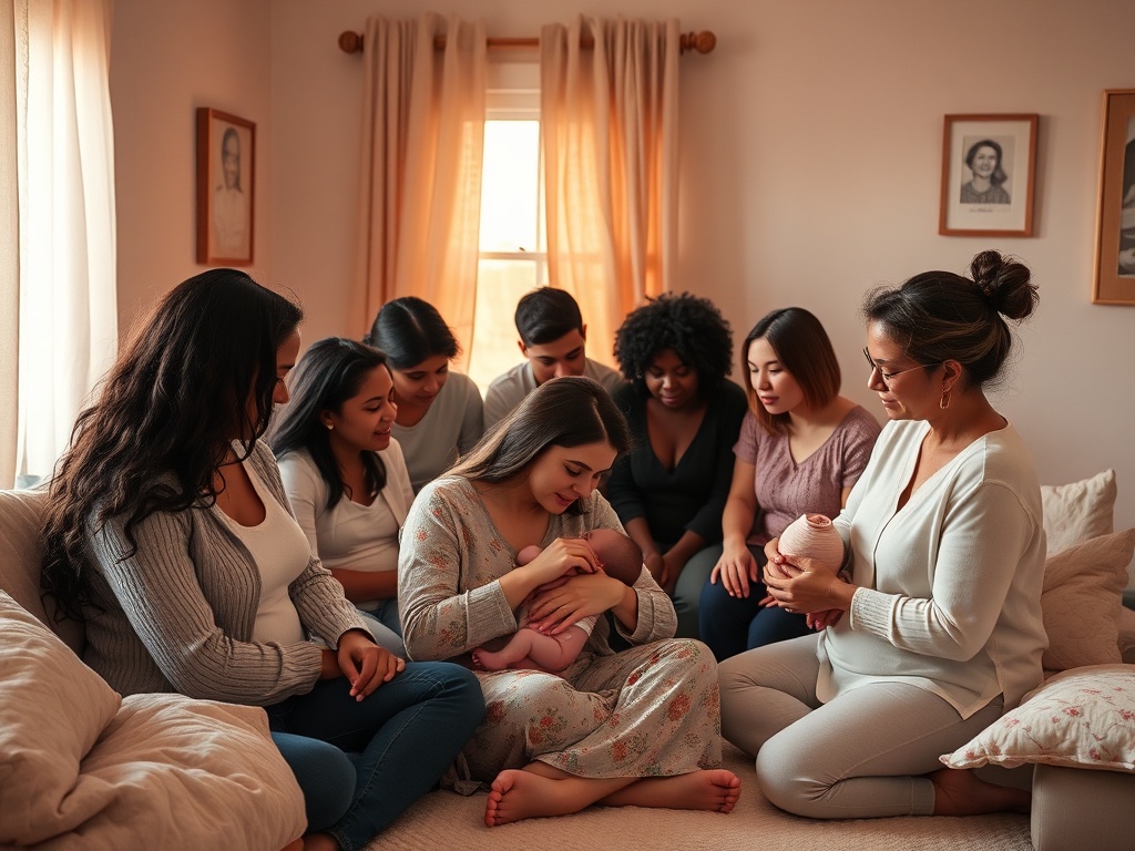 "warm cozy nursery" "mother breastfeeding in soft evening light" "supportive circle of diverse mothers nearby" "gentle lactation consultant observing" "soft pastel palette, calm intimate atmosphere"