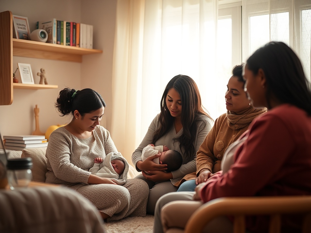 "mother breastfeeding newborn in cozy soft-lit nursery" "supportive small group of diverse mothers listening" "warm muted color palette, gentle morning light" "calm, empathetic atmosphere, subtle medical books and lactation supplies on shelf" "soft focus,