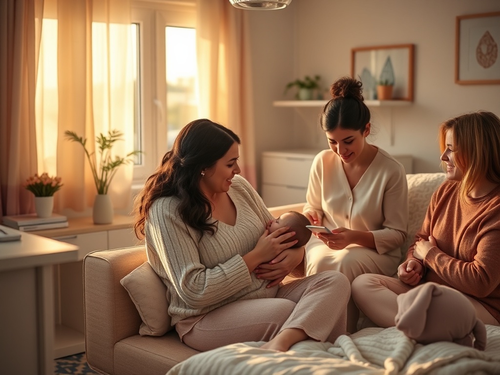 "warm cozy nursery" "mother breastfeeding in soft evening light" "supportive circle of diverse mothers nearby" "gentle lactation consultant observing" "soft pastel palette, calm intimate atmosphere"