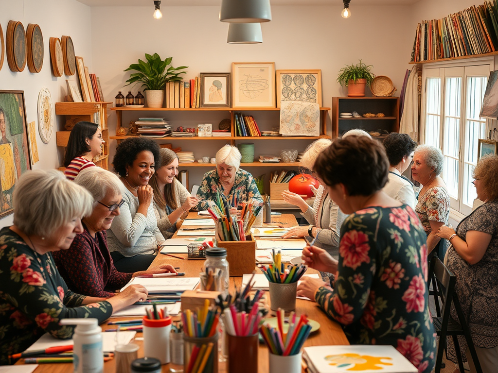 A warm, inviting community space filled with diverse women aged 35-65, sharing creative activities, vibrant art supplies, joyful expressions, collaborative energy.