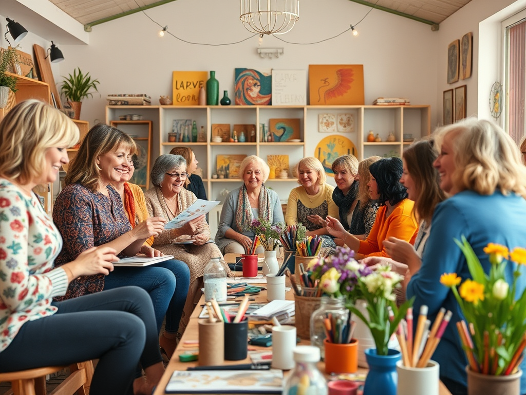 A warm, inviting community space filled with diverse women aged 35-65, sharing creative activities, vibrant art supplies, joyful expressions, collaborative energy.