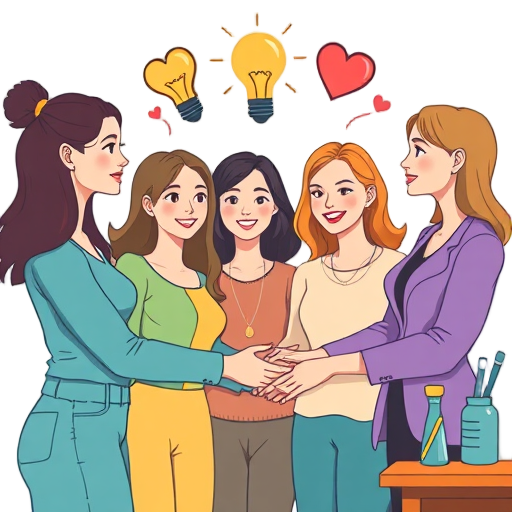"group of women" "sharing ideas" "creative tools" "light bulbs" "heart symbols" "connected hands" "workshop setting" "colorful palette"