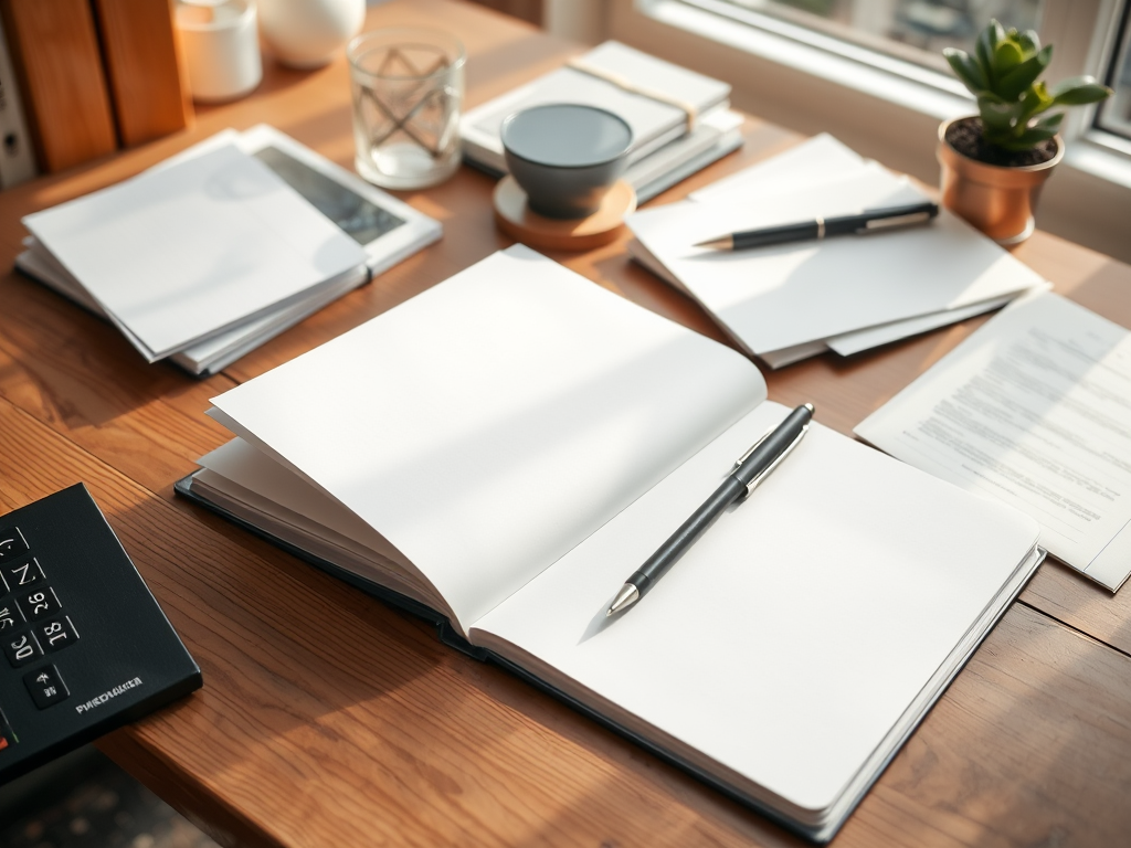 "an open practical notebook" on a "wooden desk" surrounded by "calm natural light," with "organized personal documents" and a "pen ready for writing."