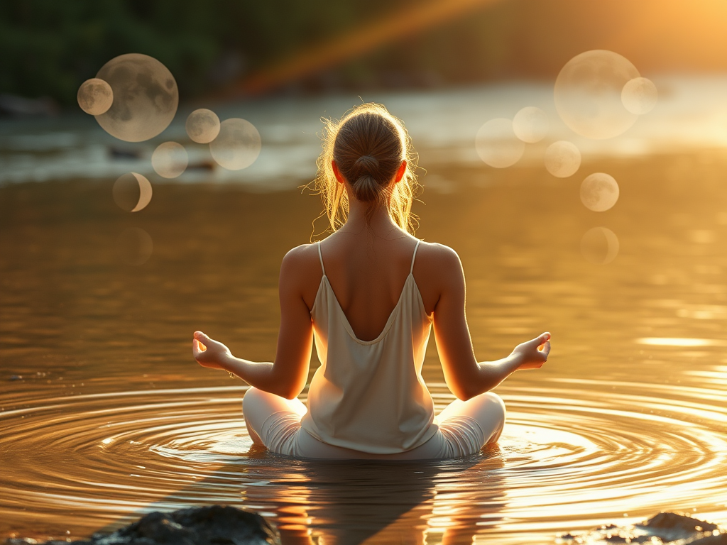 "a serene woman meditating by a calm river" "soft flowing water with gentle ripples" "warm golden light surrounding her" "symbols of rhythm like moon phases and cycles" "essential oil bottles emitting delicate mist" "ethereal aura connecting mind, body, a