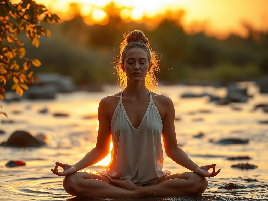 "Serene woman meditating" "soft glowing light" "natural elements like leaves and oils" "calm flowing water" "warm earthy tones" "peaceful, balanced atmosphere" "gentle sunrise background"