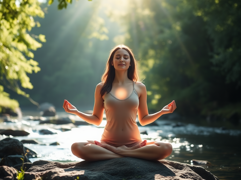 "A serene woman meditating in nature" "soft sunlight filtering through lush green trees" "gentle flowing water nearby" "symbols of balance and feminine energy subtly glowing around her"