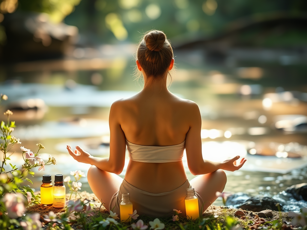 A serene woman meditating in nature, surrounded by soft glowing essential oil bottles, delicate flowers, gentle flowing water, and ethereal light representing inner balance.