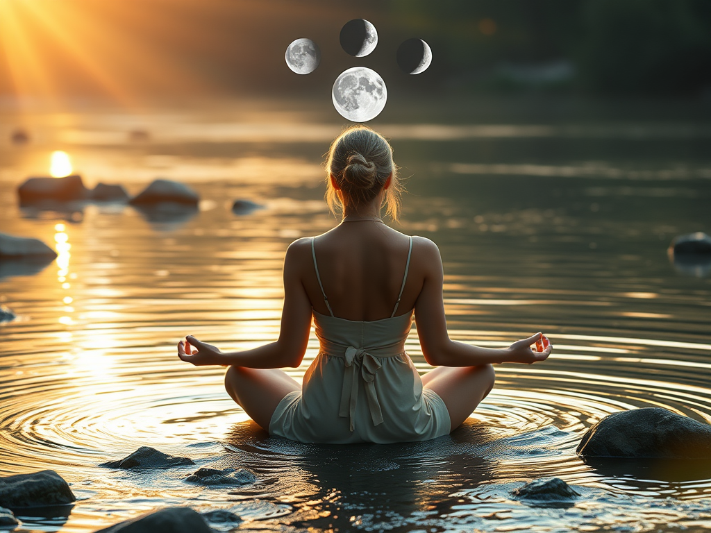 "a serene woman meditating by a calm river" "soft flowing water with gentle ripples" "warm golden light surrounding her" "symbols of rhythm like moon phases and cycles" "essential oil bottles emitting delicate mist" "ethereal aura connecting mind, body, a