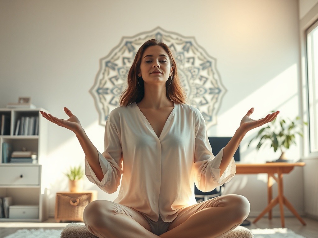 A serene, empowering woman sits in a sunlit studio, softly glowing aura, intricate geometric mandala behind her, calm study desk, warm pastels, tranquil energy.