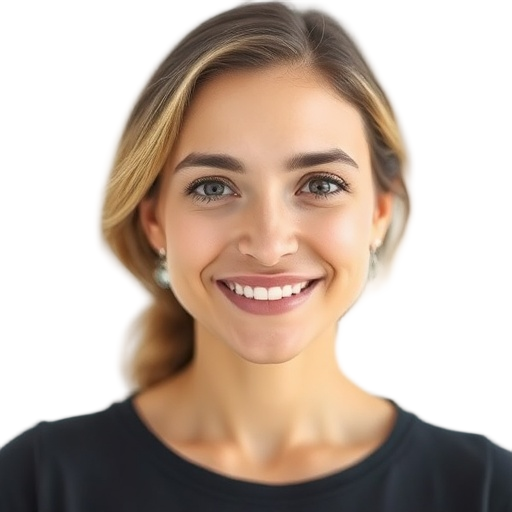 A woman smiling to the camera with a white background looking like