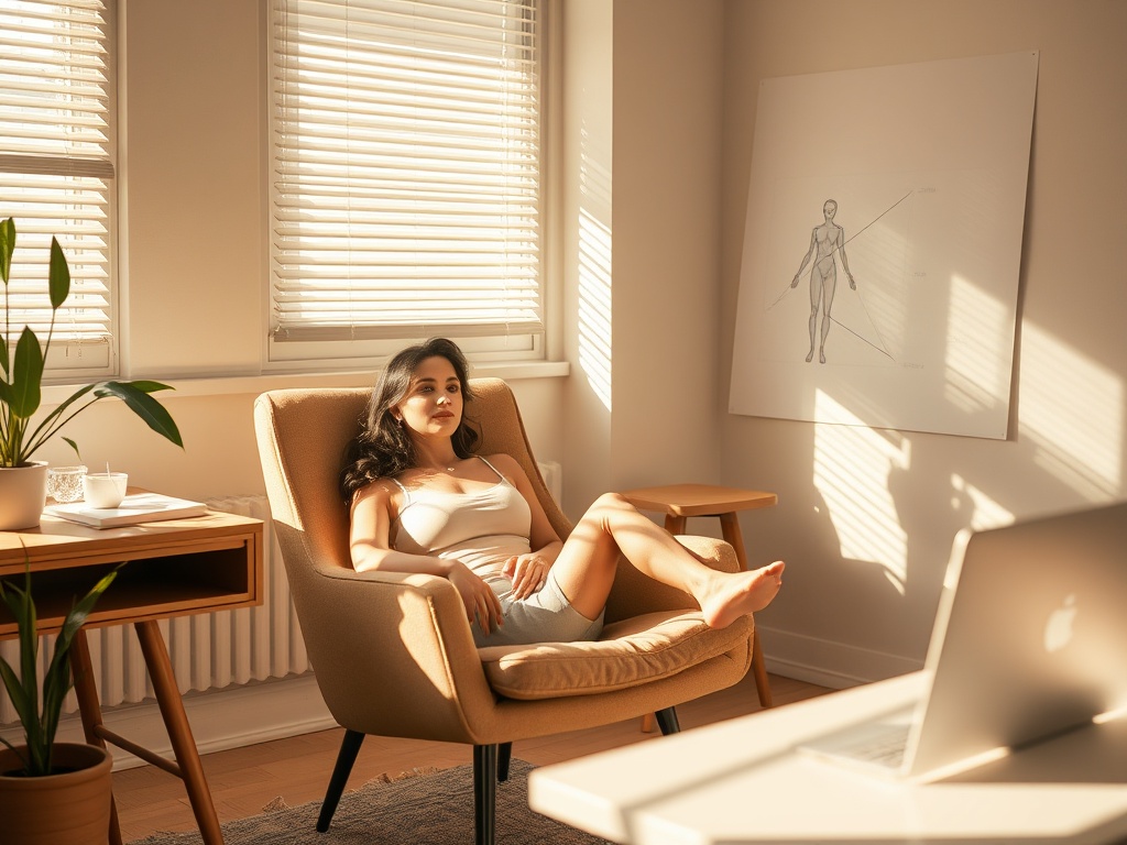 A serene, sunlit workspace with a calm woman in her 30s lounging in a comfortable chair, soft shades, abstract body geometry chart faintly projected, warm peaceful atmosphere. "