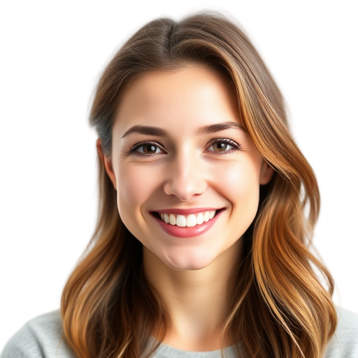 A happy woman smiling to the camera with a white background looking like