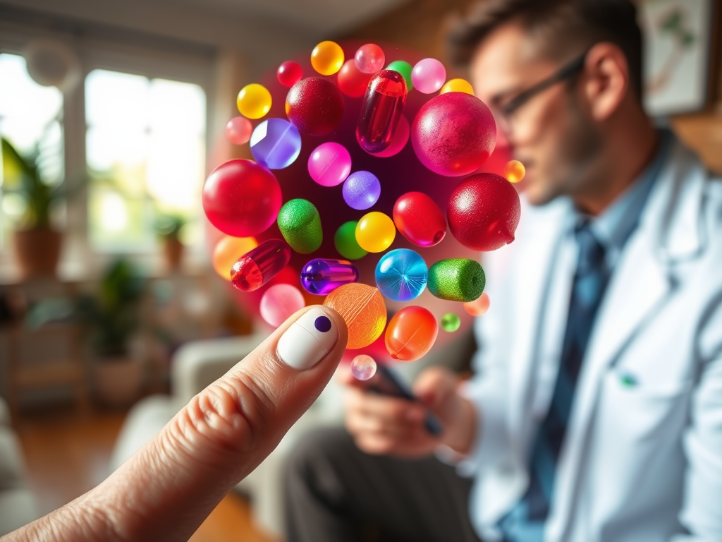 "a small finger prick blood test" "colorful microscopic view of vitamins, minerals, hormones" "a healthy person consulting a professional in a cozy setting" "warm natural lighting" "symbols of vitality and balance subtly integrated"
