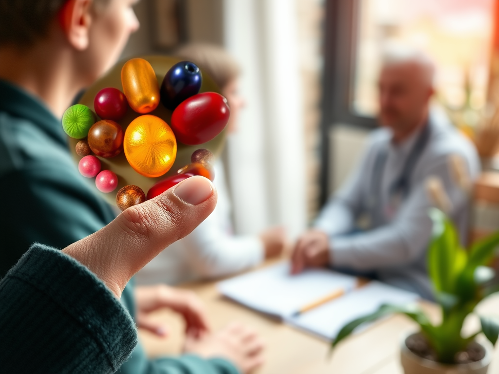 "a small finger prick blood test" "colorful microscopic view of vitamins, minerals, hormones" "a healthy person consulting a professional in a cozy setting" "warm natural lighting" "symbols of vitality and balance subtly integrated"