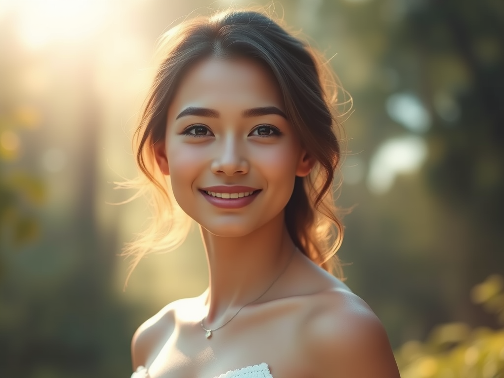 A serene, glowing woman surrounded by soft pastel light, peaceful nature background, gentle smile, balanced posture, warm sunlight filtering through trees.