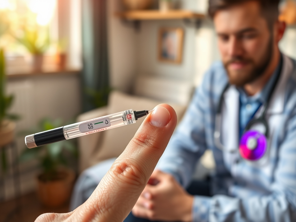 "a small finger prick blood test" "colorful microscopic view of vitamins, minerals, hormones" "a healthy person consulting a professional in a cozy setting" "warm natural lighting" "symbols of vitality and balance subtly integrated"