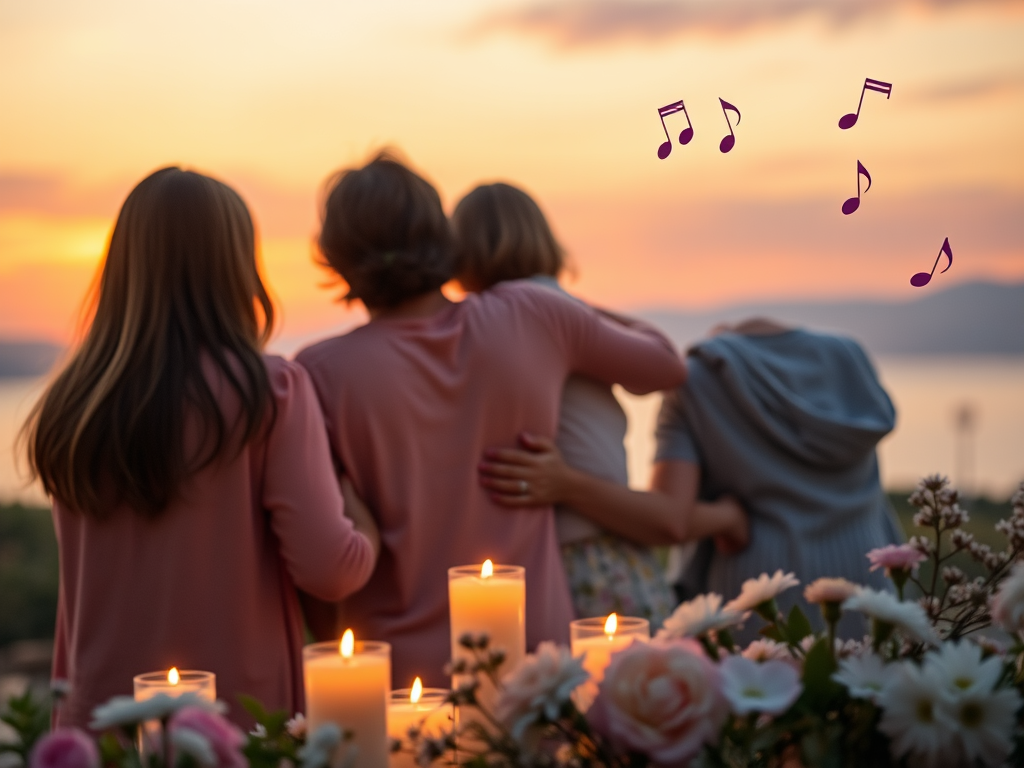"a warm, intimate farewell scene" "soft glowing candles" "family members embracing gently" "gentle musical notes floating in the air" "subtle background of a serene sunset" "delicate flowers and peaceful atmosphere"