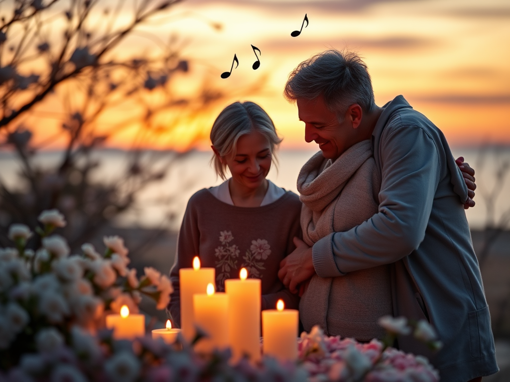 "a warm, intimate farewell scene" "soft glowing candles" "family members embracing gently" "gentle musical notes floating in the air" "subtle background of a serene sunset" "delicate flowers and peaceful atmosphere"