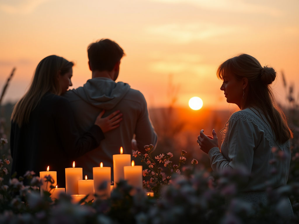 "a warm, intimate farewell scene" "soft glowing candles" "family members embracing gently" "gentle musical notes floating in the air" "subtle background of a serene sunset" "delicate flowers and peaceful atmosphere"