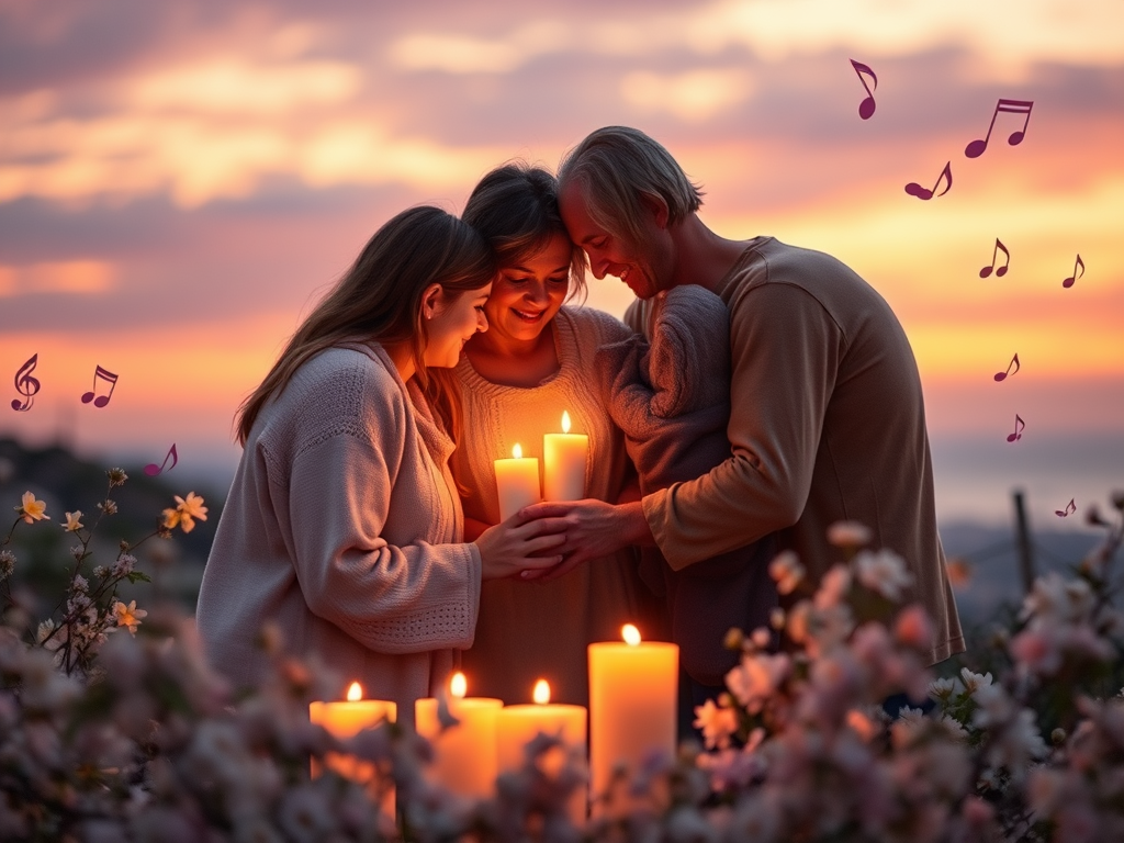 "a warm, intimate farewell scene" "soft glowing candles" "family members embracing gently" "gentle musical notes floating in the air" "subtle background of a serene sunset" "delicate flowers and peaceful atmosphere"