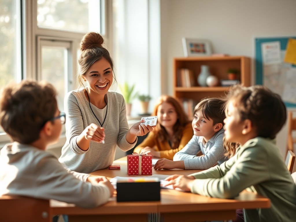 "A warm classroom scene" "teacher smiling, offering a small gift card" "students engaged, diverse ages, attentive" "soft morning light through windows" "calm, inviting colors"