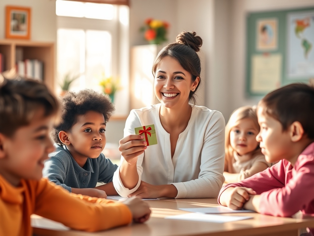 "A warm classroom scene" "teacher smiling, offering a small gift card" "students engaged, diverse ages, attentive" "soft morning light through windows" "calm, inviting colors"