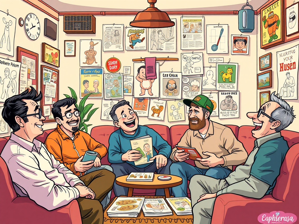 Een gezellige kamer met lachende mannen en strips.