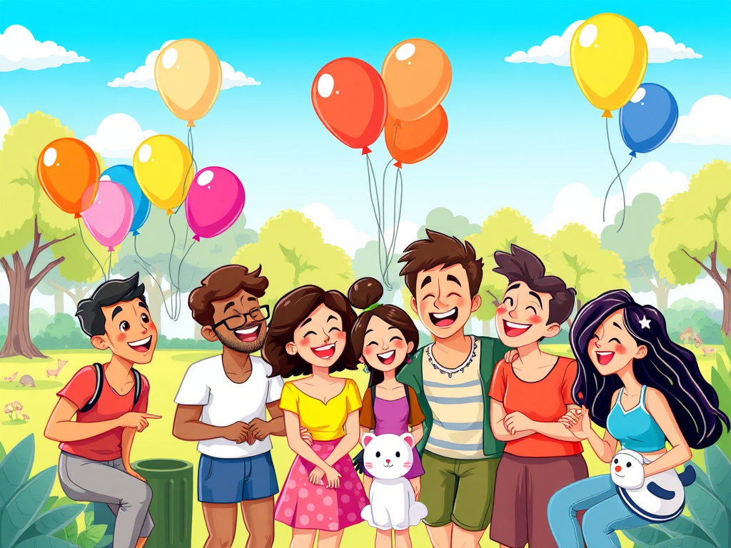 Een kleurrijke cartoon van lachende mensen met ballonnen in een park.