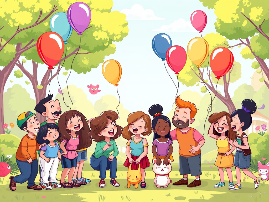 Een levendig cartoonbeeld van een diverse groep lachende mensen met ballonnen in een zonnig park.