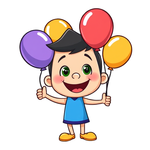 Speelse karakter met kleurrijke ballonnen en een glimlach.