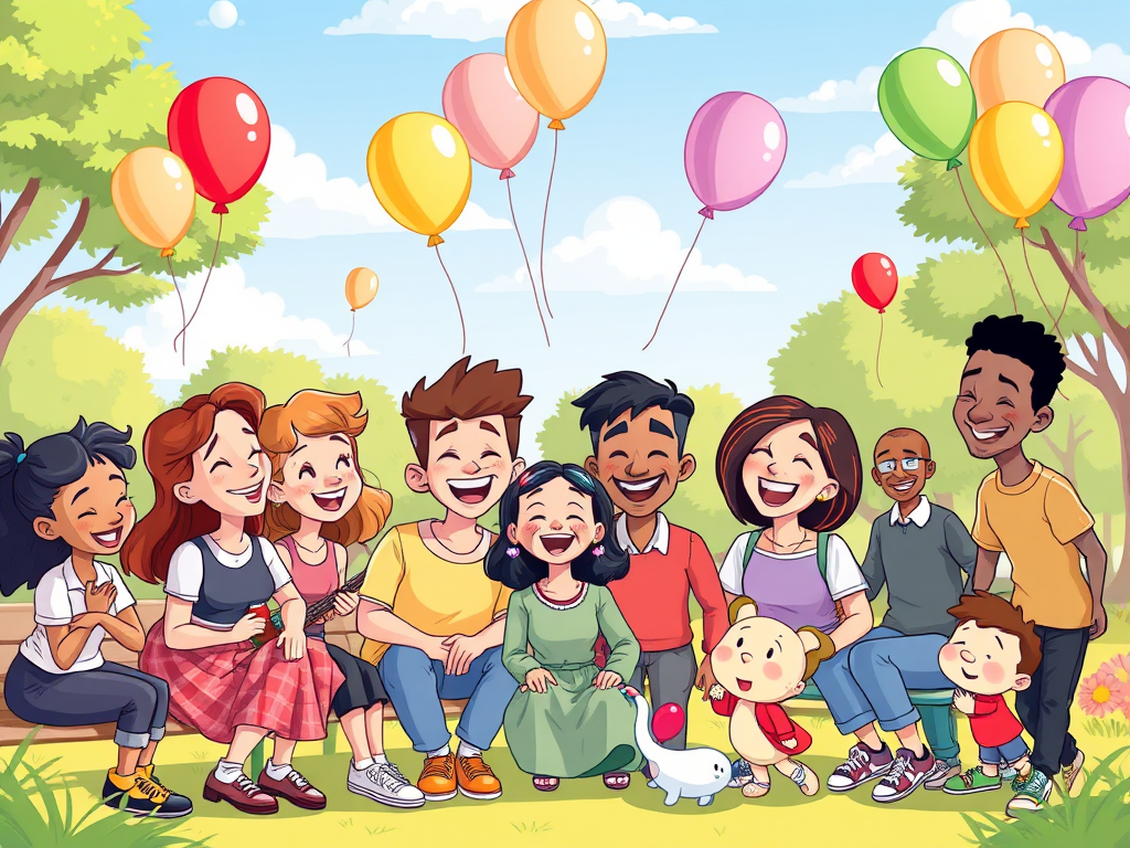 Een vrolijke cartoon van lachende mensen met ballonnen in een park.