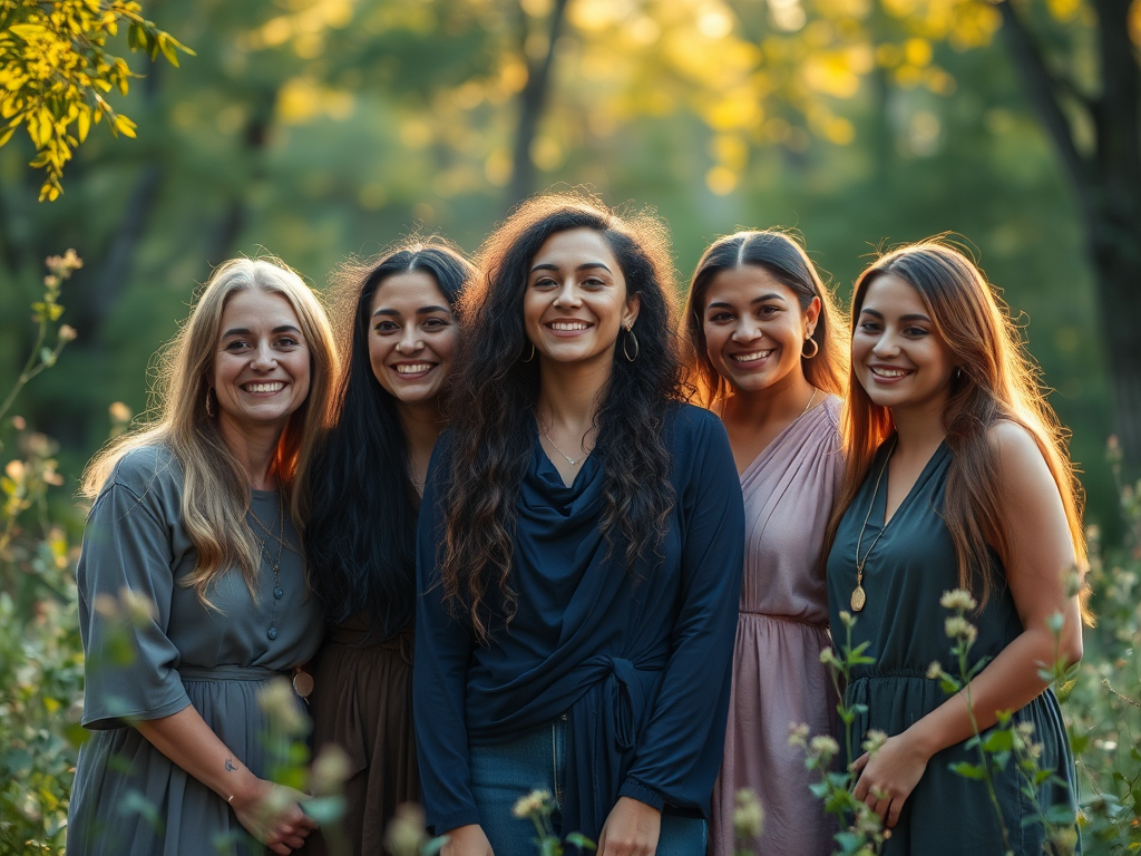 A diverse group of women in serene nature, glowing softly, sharing warm smiles, surrounded by gentle light, symbolizing growth, connection, spirituality, and support.