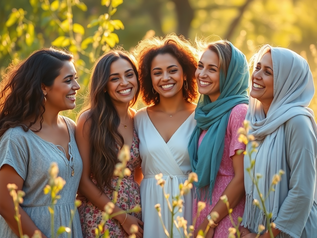 A diverse group of women in serene nature, glowing softly, sharing warm smiles, surrounded by gentle light, symbolizing growth, connection, spirituality, and support.