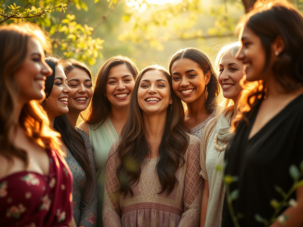 A diverse group of women in serene nature, glowing softly, sharing warm smiles, surrounded by gentle light, symbolizing growth, connection, spirituality, and support.