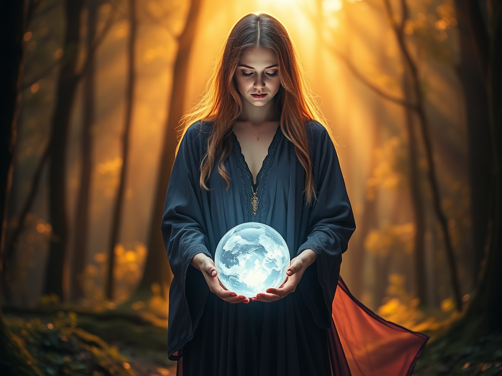 A mystical medium woman in a flowing robe, softly glowing crystal ball, ethereal light, serene forest background, warm golden hues, spiritual ambiance.