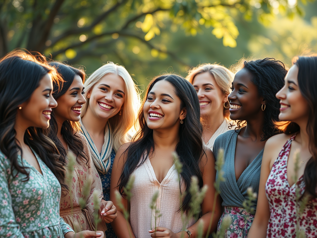 A diverse group of women in serene nature, glowing softly, sharing warm smiles, surrounded by gentle light, symbolizing growth, connection, spirituality, and support.