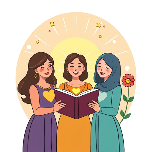 "group of women" "holding hands" "glowing aura" "sun rays" "open book" "sparkling stars" "light bulb" "speech bubbles" "heart shape" "tree growing" "moon crescent" "flower blooming"