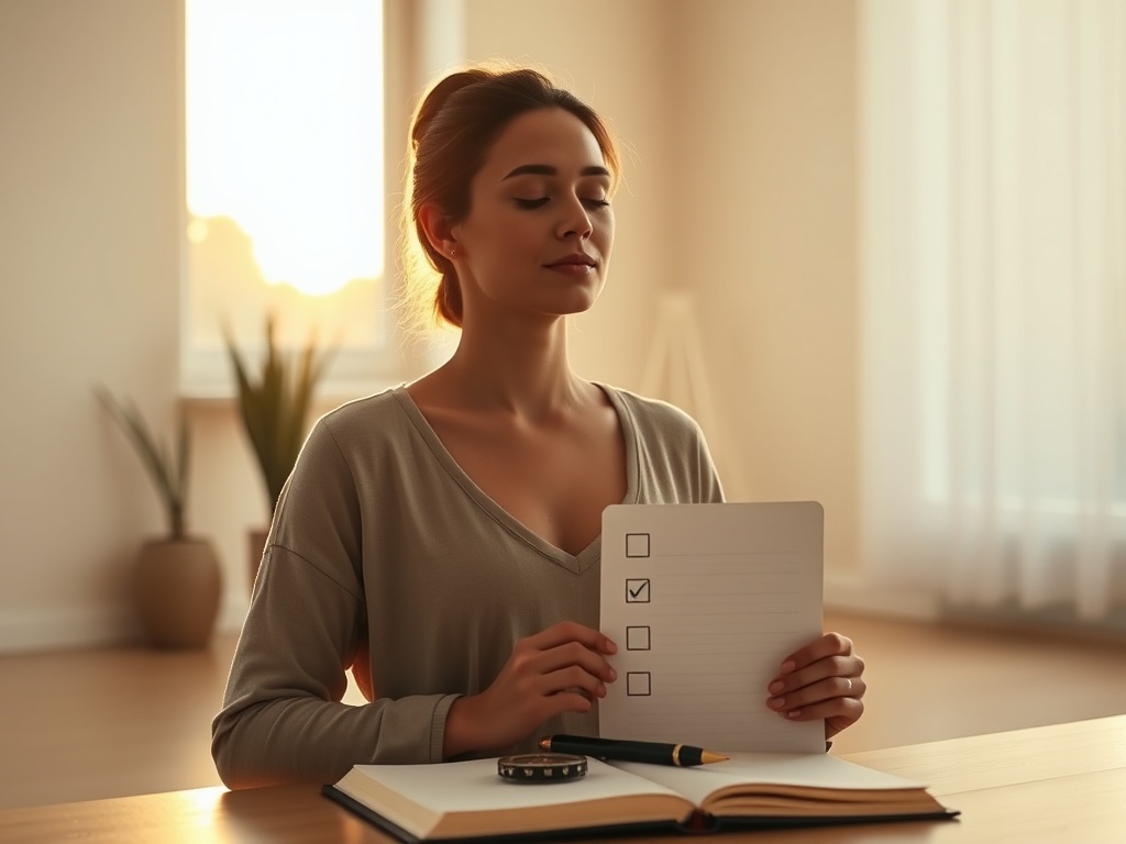 "calm woman breathing in sunlit minimalist room" "soft golden light through window" "open notebook with pen and three checkboxes" "subtle compass pendant glowing" "gentle, warm color palette"