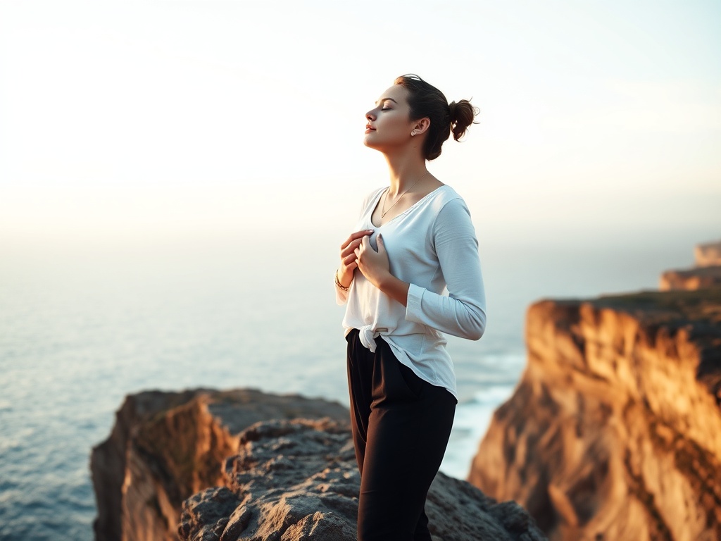 "Serene woman standing on a cliff at sunrise" "deep breath, chest expanded" "soft light, pastel sky" "gentle ocean below" "subtle compass pendant glowing" "calm, grounded posture"