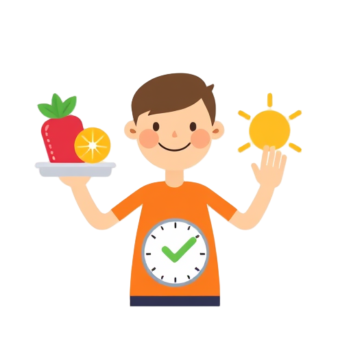 "happy person" "healthy food" "scale" "green checkmark" "heart shape" "sunshine"